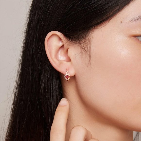 Rose Gold Plated Heart Stud Earrings Red Cubic Zirconia Stone Hoop Stud Dangle - Picture 4 of 5